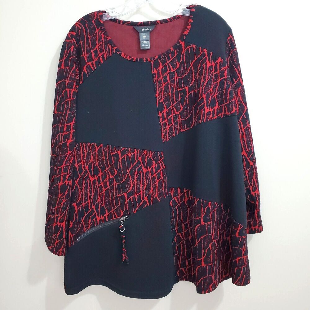 Ali Miles Black Tunic with Red Crackle Panels and Tassel Zip